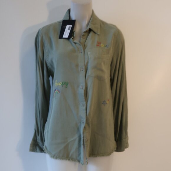 NWT Womens Lauren Moshi Army Green Rainbow Sloan Hippie Girl Button Shirt Top S - Picture 1 of 11